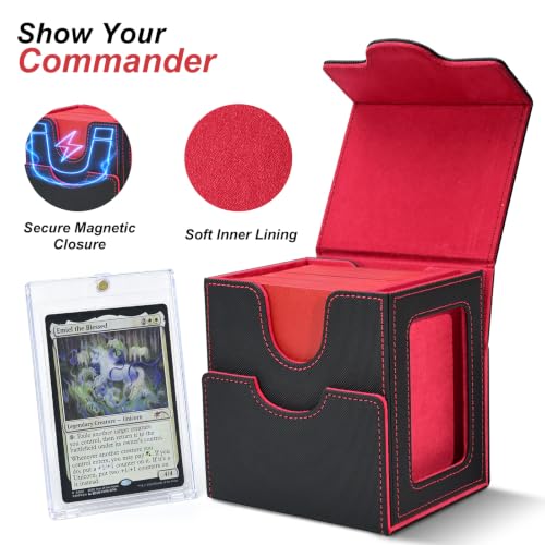 Commander Deck Box for MTG/PTCG/TCG - Patent Pending, Black Red | Card Deck Box with Display Fits 100+ Double-Sleeved Cards, Magnetic Trading Card Box with Dice Tray & 35PT Card Holder - color: Black Red