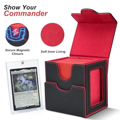 Commander Deck Box for MTG/PTCG/TCG - Patent Pending, Black Red | Card Deck Box with Display Fits 100+ Double-Sleeved Cards, Magnetic Trading Card Box with Dice Tray & 35PT Card Holder - color: Black Red