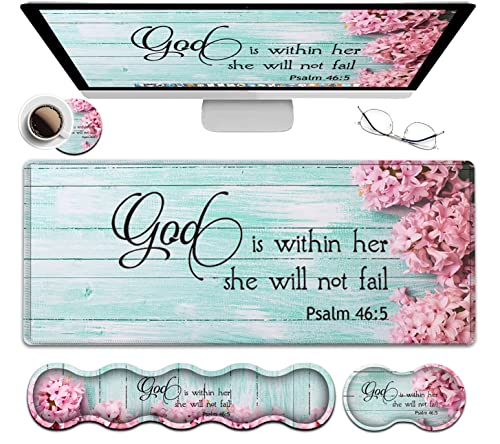 Mouse Pad Set, Large Gaming Mouse Pad + Keyboard Wrist Rest Support + Mouse Wrist Cushion + Coaster, Non-Slip Rubber Base, 31.5 x 11.8 in Extended Desk Mat for Office, Psalm 46-5 Pink Hyacinth - color: JV-mouse pad-8-4