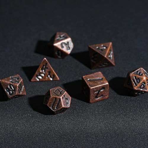 Mini Dice Set with Rune Keychain Case,7PCS Polyhedral Metal Dice Set for DND Role Playing Games(Red Copper) - color: Red Copper