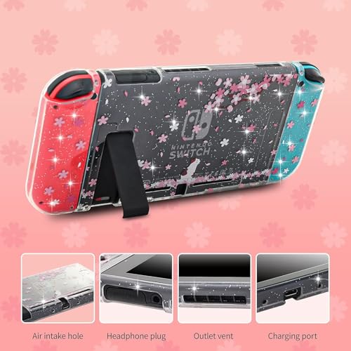 ECHZOVE Cute Glitter Switch Case with Cherry Blossom Flowers – Clear Dockable Protective Cover with Screen Protector & Thumb Grips, Aesthetic Pink Gaming Accessories Gift for Girls - color: Flower