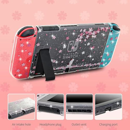 ECHZOVE Cute Glitter Switch Case with Cherry Blossom Flowers – Clear Dockable Protective Cover with Screen Protector & Thumb Grips, Aesthetic Pink Gaming Accessories Gift for Girls - color: Flower