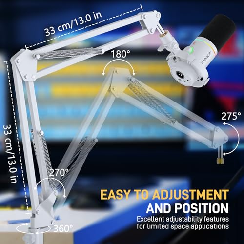 MAONO BA20 Adjustable Mic Boom Arm, Metal Suspension Desk Stand | 1kg max load, 3/8 to 5/8 adapter, suspension design, podcast gaming streaming recording, desk clamp, white finish - color: White