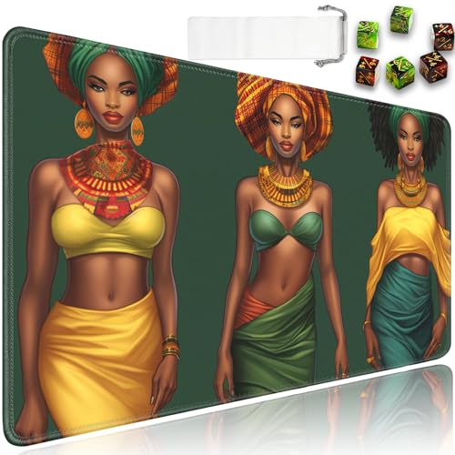 for MTG Playmat + Drawstring Travel Pouch + 6 Dice Counter, for Trading Card Game Playmats or Mouse Pad, Anti-Slip Rubber 24 x 14 in, African American Women Black Girl for TCG Playmat - color: JV-Playmat-5-1-A22