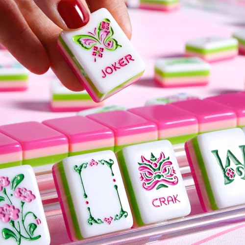 American Mahjong Tile Set, 160 Rose Pink 4-Layer Mahjong Game Set with 4 Dice with Pouch, Gift-Ready Storage Box, Mahjong Tile Set American, Mahjong Set American, Mahjong Tiles, Mah Jong - color: Rose Red