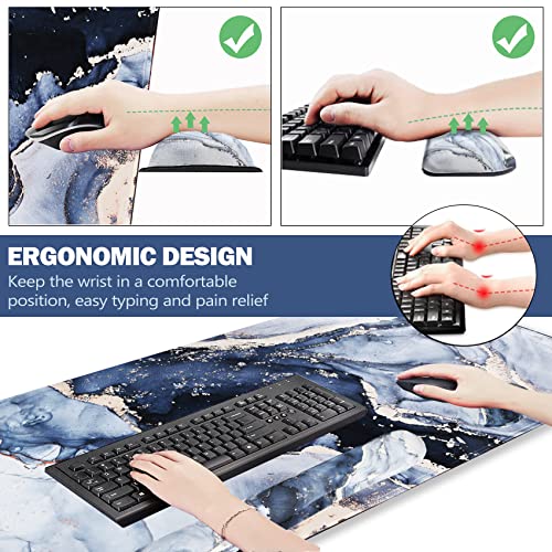 ARTSO Large Gaming Mouse Pad, Keyboard Wrist Rest Pad & Wrist Support Mousepad Set, Stitched Edge, Extended, Non-Slip Base, Memory Foam,Multifunctional Desk Mat 4pcs for Office & Home, Gilt Marble - color: Gilt Marble