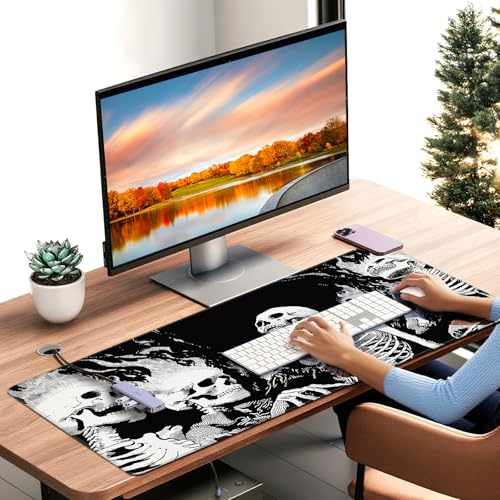 XXL Gaming Mouse Pad, Horror Skull Pattern Black and White, 35.4 x 15.7 Inches, Non-Slip Rubber Base, Waterproof Microfiber Cloth Surface - color: Black and White Skull Design