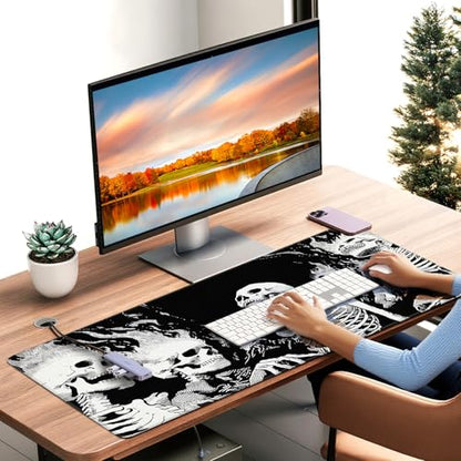 XXL Gaming Mouse Pad, Horror Skull Pattern Black and White, 35.4 x 15.7 Inches, Non-Slip Rubber Base, Waterproof Microfiber Cloth Surface - color: Black and White Skull Design