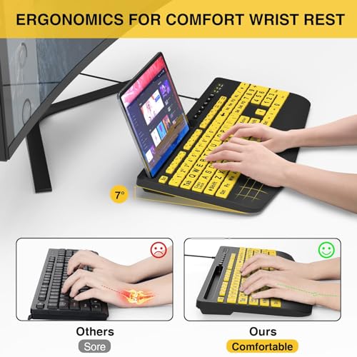 SABLUTE Large Print Keyboard Wired Computer Keyboards with Wrist Rest, Phone Holder, Big Letters Easy to Read Compatible Windows, Desktop, Laptop, Yellow - color: Yellow&Black