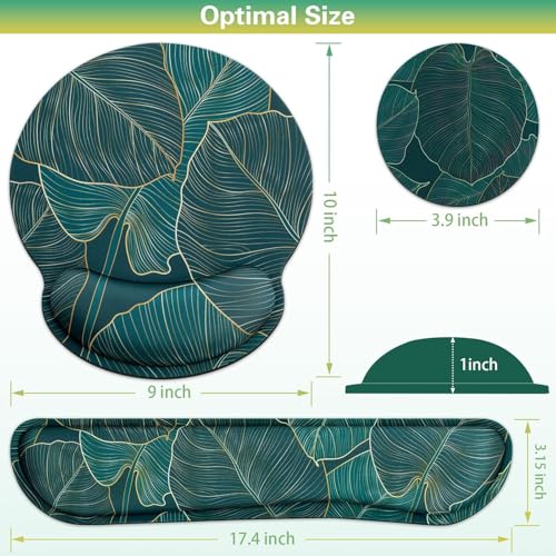 Mouse Pad with Wrist Rest Set, 3-in-1 Wrist Support Mousepad | Gaming Mat Pad with Anti-Skid Base,Ergonomic Mouse Pad Green,Memory Foam Gel Wrist Rest for Computer Keyboard - color: Golden Green Palm Leaves