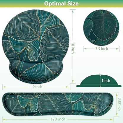 Mouse Pad with Wrist Rest Set, 3-in-1 Wrist Support Mousepad | Gaming Mat Pad with Anti-Skid Base,Ergonomic Mouse Pad Green,Memory Foam Gel Wrist Rest for Computer Keyboard - color: Golden Green Palm Leaves