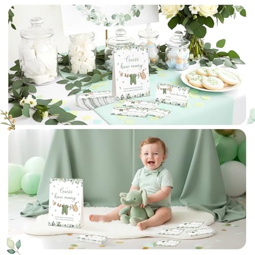 Woodland Guess How Many Baby Shower Game Pack of 1 Tabletop Sign with Stand and 50 How Many Cards, Green Clothes Gender Reveal Party Game Decoration - style: Woodland