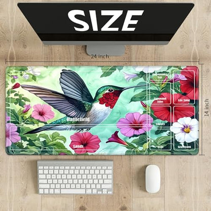 MTG Playmat with Zones, TCG Card Game Play Mat with Stitched Edges, Non-Slip Rubber Base Gaming Desk Mat, Smooth Surface 24 x 14 Inch, Hummingbird Flowers - color: Hummingbird Flowers, size: Zone 1