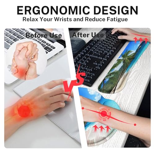 Arttown Keyboard Mouse Pad Set, 4 in 1 Desk Mat Set Tropical Beach Ocean | Summer Sunshine Large Mousepad+Keyboard Wrist Rest+Mouse Wrist Rest+Coaster Ergonomic Design for Home Office Computer - color: Tropical Beach
