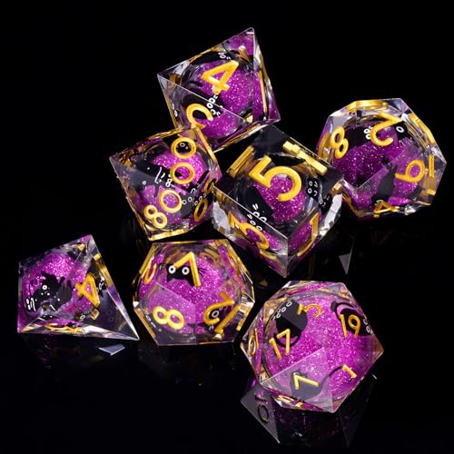 Liquid Core DND Dice Set, 7 Pcs Resin Sharp Edge Polyhedral Dice Quicksand Cat D&D Dice for Dungeons and Dragons RPG Role Playing Table Games