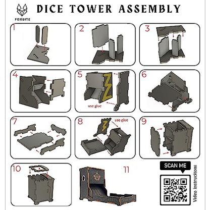 FOXBITE Dice Tower for Dungeons and Dragons Tower with Tray Wood Laser Etched DND Portable and Collapsible Dice Roller Perfect for Board Game and Tabletop RPG, Natural Wood Carved and Printed 5e