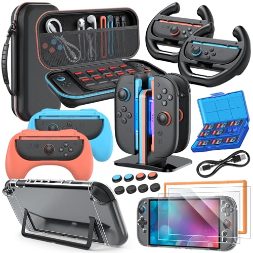 Switch 2 Accessories, Bundle Case for Nintendo Switch 2 (2025), MENEEA 20-IN-1 Kits: Carrying Case, Controller Charger Dock, Grips for Joy Con,Steering Wheels for Mario Kart,Protective Cover for Controller Console for Switch 2 (Black) - color: Black