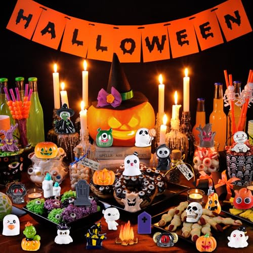 50pcs Halloween Mini Resin Figures 50 Styles Tiny Resin Figurines Little Small Figures to Hide Pumpkin Ghost Skull Miniatures Bulk for Halloween Party Favors Bag Fillers Garden Dollhouse Decor