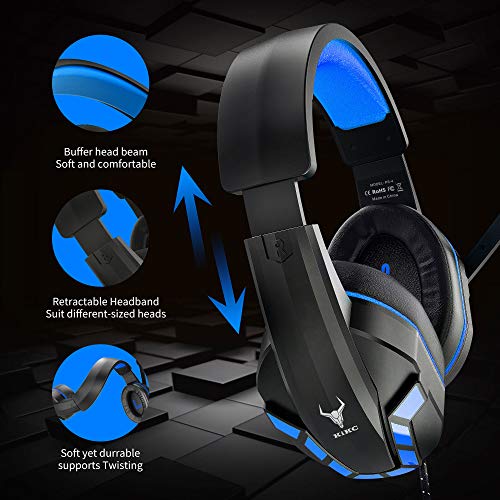 Kikc Gaming Headset with Mic for PS4, PS5, Xbox, PC, Switch, Controllable Volume Gaming Headphones with Soft Earmuffs for Mobile Phone, iPad, and Notebook, 40mm Drivers, 3.5 mm Audio Jack-Blue