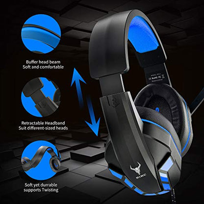 Kikc Gaming Headset with Mic for PS4, PS5, Xbox, PC, Switch, Controllable Volume Gaming Headphones with Soft Earmuffs for Mobile Phone, iPad, and Notebook, 40mm Drivers, 3.5 mm Audio Jack-Blue