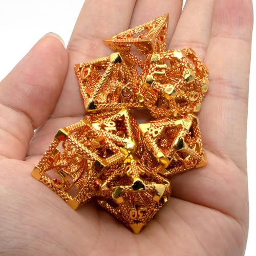 D&D Metal Dice Set - 7pc Polyhedral for Dungeons and Dragons, Role Playing, Table Games, RPG Shadowrun - Hollow Gaming Gift (Gold Red) - color: Gold Red
