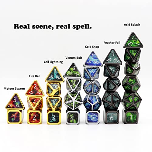 Haxtec Metal Dice Set D&D Acid Splash Real Scene Black Green Polyhedral DND Dice W/PU Leather Dragon Eye Dice Bag for TTRPG Compatible with Dungeons and Dragons Gifts - color: Green
