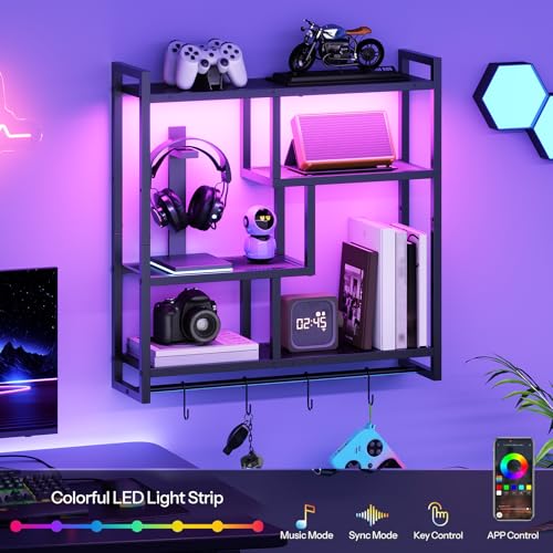 HOOBRO Gaming Floating Shelves with LED Lights, 28.7" LED Wall Mounted Shelf, 4-Tier Floating Wall Shelf for Storage, Display Rack with Hanging Bar and 4 S Hooks, for Gaming Room, Black BB37DBJ01 - color: Black
