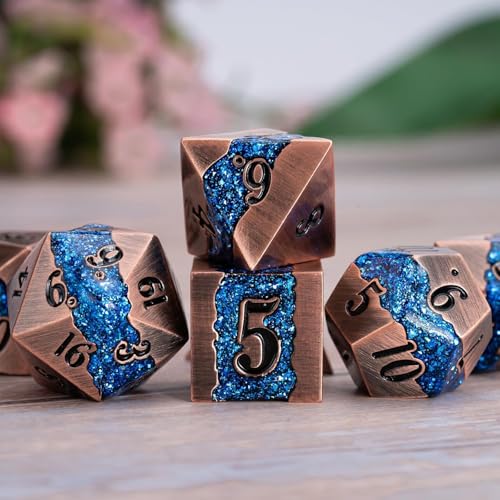 Metal DND Polyhedral Dice,Large Stripe Glitter Metallic Dice Set,Antique Silver Dice 7pcs Set for Role Playing Games(Antique Copper Blue) - color: Antique Copper Blue