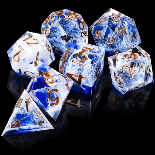 AUSTOR 7-Die DND Dice Set Sharp Edge Resin Dice Handmade Polyhedral Dice for Dungeons and Dragons RPG MTG Table Games（Wave Blue - color: Wave Blue