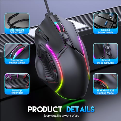 RGB Gaming Mouse, Customizable Buttons, 12800DPI, 13 Light Effects, 1000Hz Polling Rate, Wired Gaming Mouse for Computer Laptop, Ergonomic Design for Long Sessions