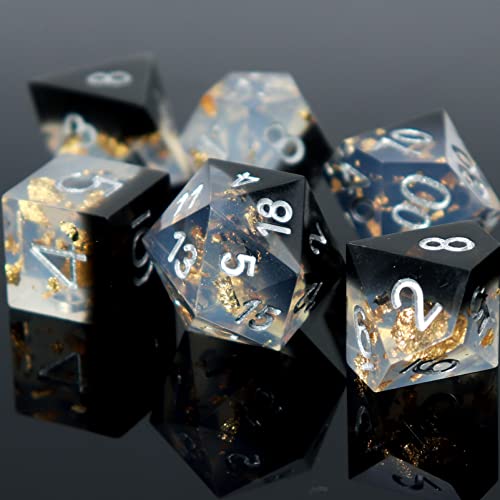 Haxtec Sharp Edge DND Dice Set, Gold Flakes Resin Polyhedral RPG Dice | Black White D&D for MTG, Compatible with Dungeons and Dragons, Handmade 7-Die with Metal Case, TTRPG Gifts - color: Black Gold