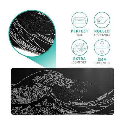 Japanese Gaming Mouse Pad Abstract Black Mouse Pad 31.5x11.8 Inch Black Sea Wave Texture Non-Slip Rubber Base Large Ocean Mousepad Stitched Edges Keyboard Mouse Mat Desk Pad for Office and Home - color: Sea Wave