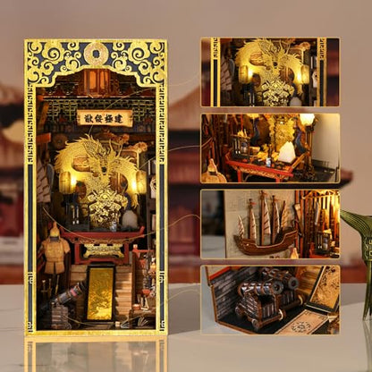 MiniCity Emperor's Study Book Nook Kit, 3D Wooden Bookshelf Puzzle with LED | 7.1 x 4.3 x 9.1 in; 443 pieces, LED and dust cover; glue/tools and guide included; 8-10 hr DIY build for display, ages 14+. - style: The Emperor's Study