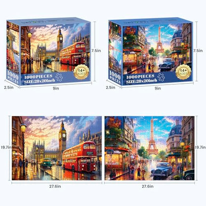 2 Pack Puzzles for Adults 1000 Pieces-Big Ben and Eiffel Tower Difficult Jigsaw Puzzles for Adults,Hard Jigsaw Puzzle Decorations DIY Leisure Game Toy Suitable Family Friends(27.5x20 inches) - style: Big Ben and Eiffel Tower