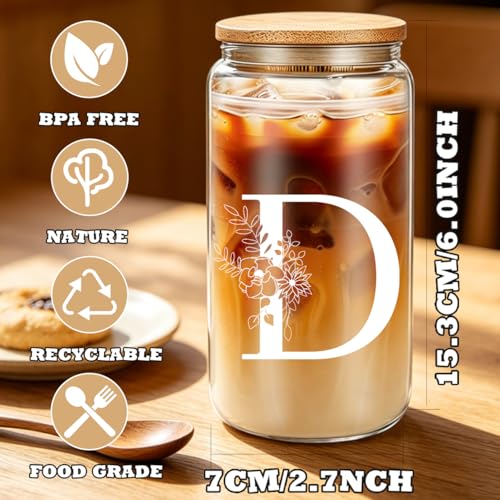 DHQH Birthday Gifts for Women, Monogrammed Gifts Box Included 16 oz Initial Glass Drinking Cup,Canvas Tote Bag, Personalized Iced Coffee Tumbler Gift for Women Her Mom Teacher Friends Sister, D - color: letter-cup-d