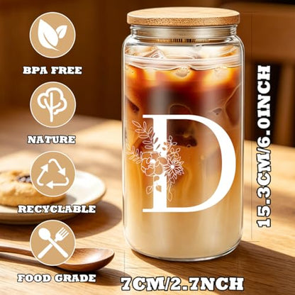 DHQH Birthday Gifts for Women, Monogrammed Gifts Box Included 16 oz Initial Glass Drinking Cup,Canvas Tote Bag, Personalized Iced Coffee Tumbler Gift for Women Her Mom Teacher Friends Sister, D - color: letter-cup-d