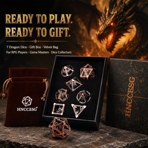 DND Dice Set,3D Hollow Dragon Metal 7-Die,Antique Red Copper | copper construction,68g balanced weight,engraved numbers,gift box and velvet bag for DND RPG play - color: 3d-copper
