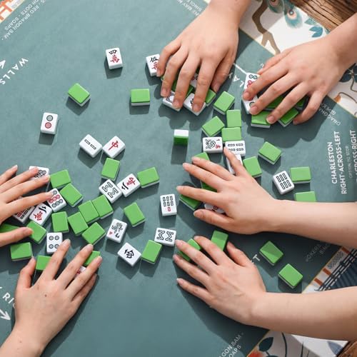 Foilswirl 1 Pcs Mini Chinoiserie Mahjong Mat for Travel - 21" x 21" Green Floral Peacock Mahjong Mat Non-Slip Noise Reduction Carrying Bag for Poker Board Card Games Dominoes