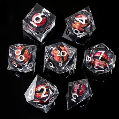 Beholder's Dragon Eye DND Dice Set, 7pcs Liquid Core Dice with Gift Box, Handmade Sharp Edge Resin Dice for Role Playing Dungeons and Dragons Ttrpg(Dark Red Dragon Eye) - color: Red Dark Dragon Eye