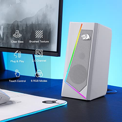 Redragon GS520 Wired 2.0 Channel Stereo Sound Desktop RGB Computer Speakers | Enhanced Auido Quality, Plug & Play USB Powered PC Gaming Speaker, 6 Colorful Backlight Modes, Easy-Access Volume Control - color: White