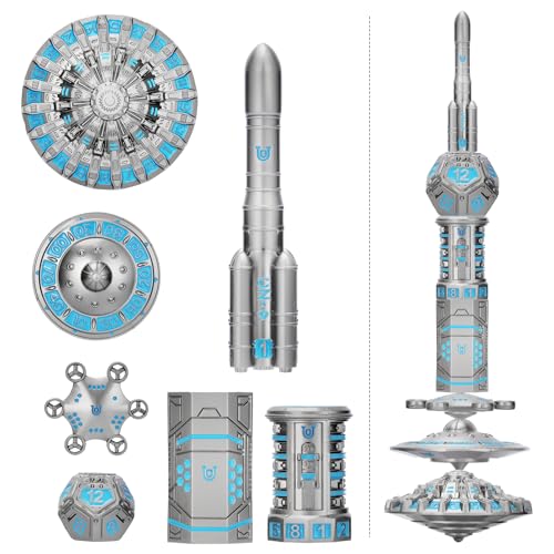 Unique Pioneer Dice Zinc Alloy Metal Dice Set 7pcs DND Dice Mars Planet Theme Polyhedral RPG Dice Set for Dungeons and Dragons Tabletop GamingRocket and UFO Design (Silver Titanium Blue) - color: Silver Titanium Blue