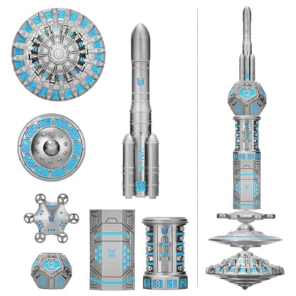 Unique Pioneer Dice Zinc Alloy Metal Dice Set 7pcs DND Dice Mars Planet Theme Polyhedral RPG Dice Set for Dungeons and Dragons Tabletop GamingRocket and UFO Design (Silver Titanium Blue) - color: Silver Titanium Blue