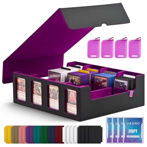 UAONO Trading Card Storage Box with Commander Display, Black Purple | 2400+ Deck Box for MTG with Removable Cover, Top Loaders Card Case Fits Magic TCG PTCG Sports Cards, 24 Dividers, 4 Stoppers - color: Black&Purple, size: 4 row
