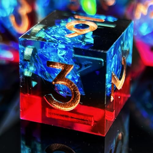 HAOMEJA 7pcs Sharp Edge Resin Dice Set, Handmade Polyhedral Dice with Glitter & Galaxy Effect Apply to DND, D&D, RPG, MTG Tabletop Games, Role Playing Game, Easter, Halloween Party Gift (Blue Red) - color: T Blue Red