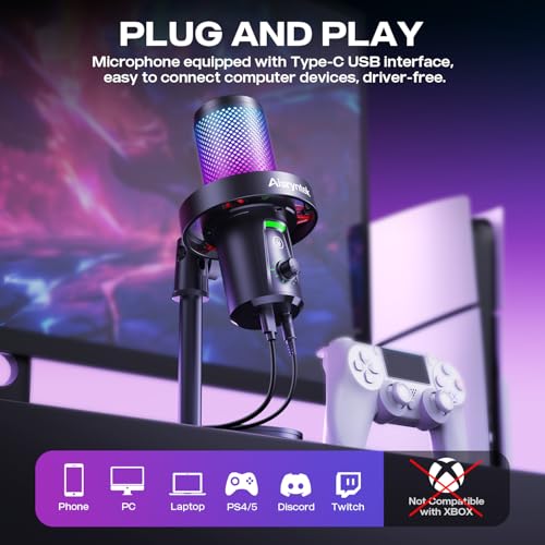 USB Gaming Microphone for PC - 96kHz/24-bit Studio Quality Cardioid Condenser Mic with Mute Button, Gain Control & 3.5mm Headphone Jack - Plug & Play for Streaming, Podcast, Twitch, PS5