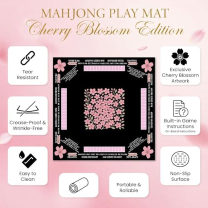 American Mahjong Mat with Rules Printed (33x33, 2.5mm Thick, Cherry Blossom Black) Mahjong Mat for Table w/Bag, Crease-Proof Waterproof Non-Slip, Soft Mahjong Table Mat, Noise Reduction - color: Cherry Blossom Black Mat