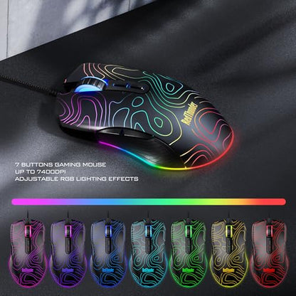 RedThunder K10 Wired Gaming Keyboard & Mouse Combo with Wrist Rest, Adjustable RGB Mechanical Feel Anti-ghosting Keyboard + 7D 7200 DPI Mouse+Soft Leather Wrist Rest for PC Gamers (Black Lines) - color: Black Lines