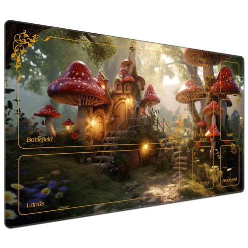 DEGDFSGR for MTG Playmat with Zones 24 x 14 inches for TCG Playmats Non-Slip Rubber Base Commander Play Mat for MTG Mat Iorcana Trading Card Game, Enchanting Mushroom Houses - color: Enchanting Mushroom Houses, size: 24" x 14"