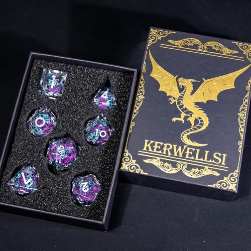 KERWELLSI Cat Liquid Core DND Dice Set with Gift Box, 7Pcs Resin Dungeons Sharp Edge D&D Dice, Dragons D and D Role Playing Dice D20 D12 D10 D8 D6 D4, Purple and Blue Cat - color: Purplr and Blue Cat