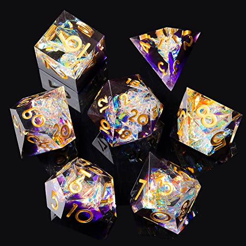 Sharp Edge DND Dice Set Handmade 7 Accessories Dice for Dungeons and Dragons TTRPG Games, Multi-Sided RPG Polyhedral Resin Sharp Edge Dice Roleplaying Games - color: Sequin Purple